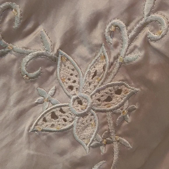 100% Silk Beige Satin Embroidered Tie-Front Top - Picture 6 of 13